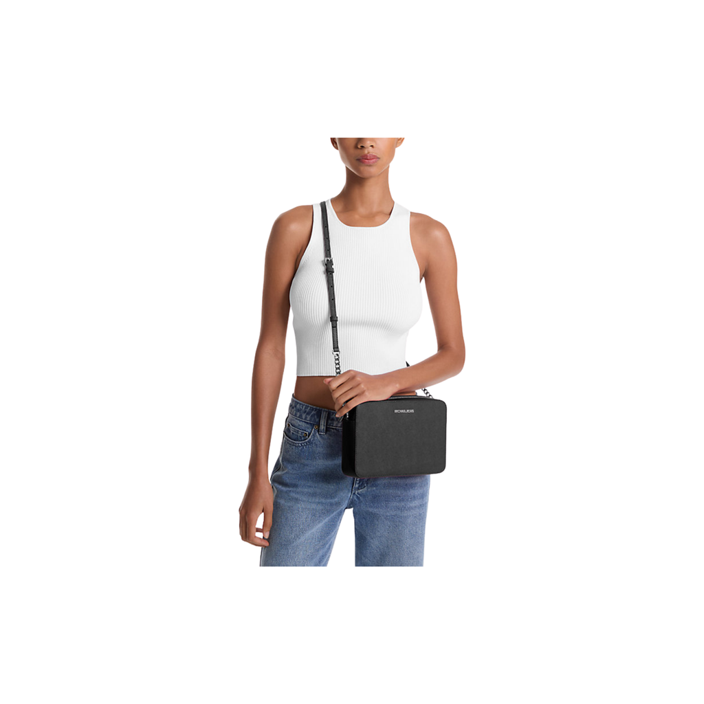 Michael Kors Jet Set Large Saffiano Leather Crossbody Bag Black and Silver